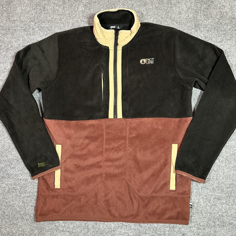 Picture Fleece Jacket Mens Large Black Brown 1/4 Zip Pullover Pockets Outdoor